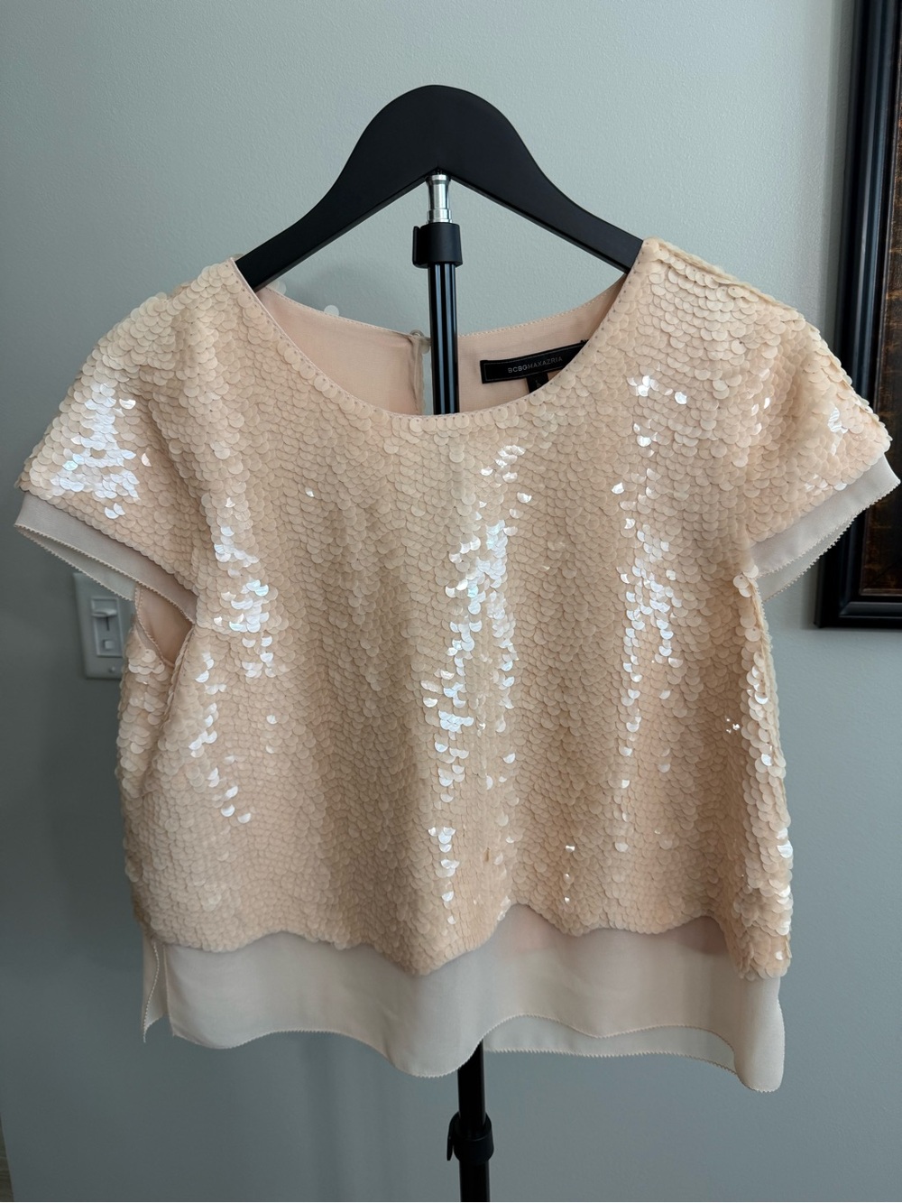 BCBGMaxAzria Blush Sequin Short Sleeve Top Size Small